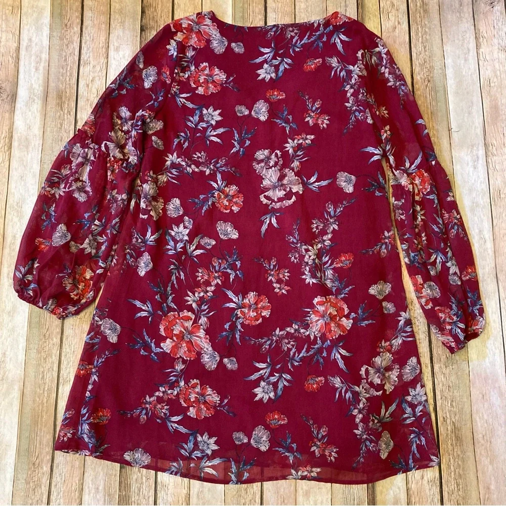Miami Sheer Lined M Floral Dress Sheer Long Sleeves Cinched at Wrist V-Neck